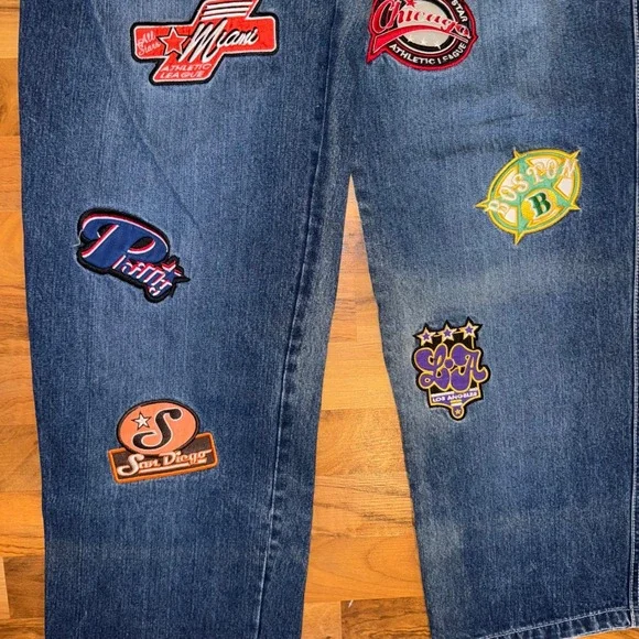 Vintage 90's Concrete Legends Men's Patchwork Denim Jeans W34 L34 athletic patch - Picture 3 of 9